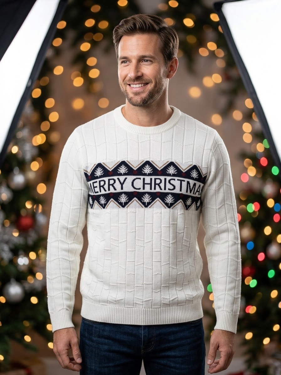 Saco Navideño Tejido Blanco Diseño Merry Christmas | Soulan Store