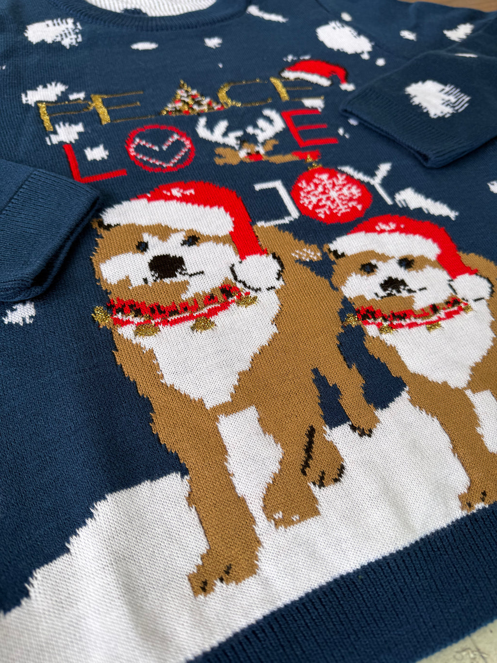 Saco Navideño Tejido Azul Marino Diseño Paz Amor Alegría | Soulan Store