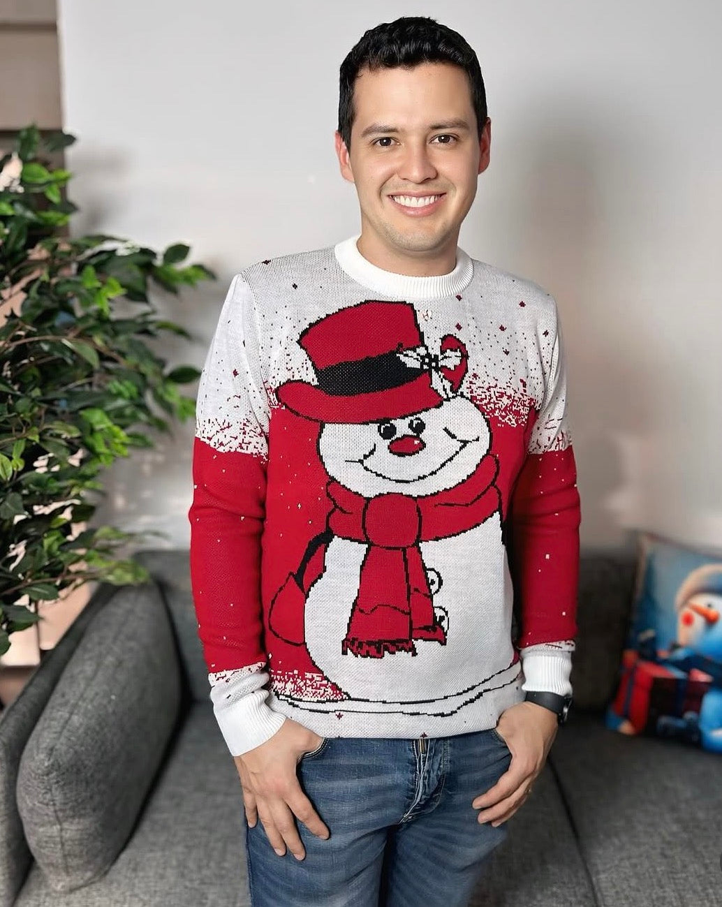 Saco Navideño Tejido Blanco y Rojo Diseño Muñeco de Nieve Frosty | Soulan Store