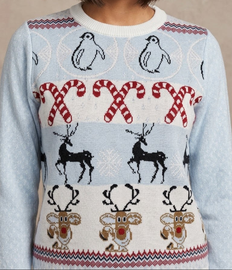 Saco Navideño Tejido Azul bebé y Blanco Diseño Pingüinos y Renos | Soulan Store