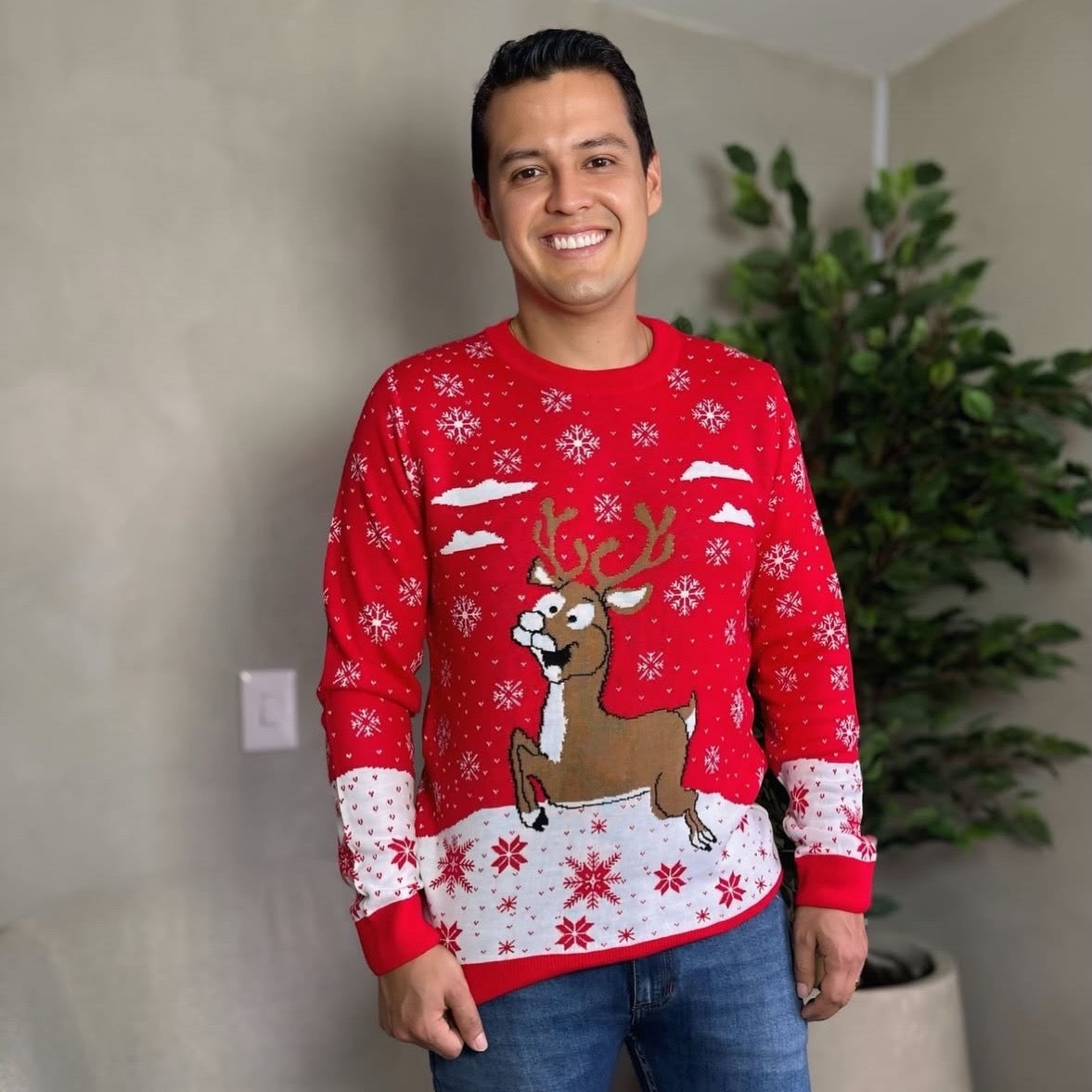 Saco Navideño Tejido Rojo y Blanco Diseño Reno | Soulan Store