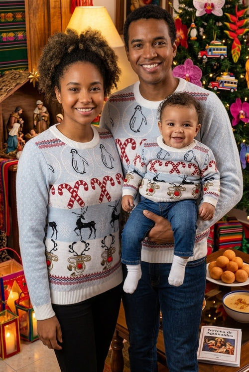 Saco Navideño Tejido Azul bebé y Blanco Diseño Pingüinos y Renos | Soulan Store
