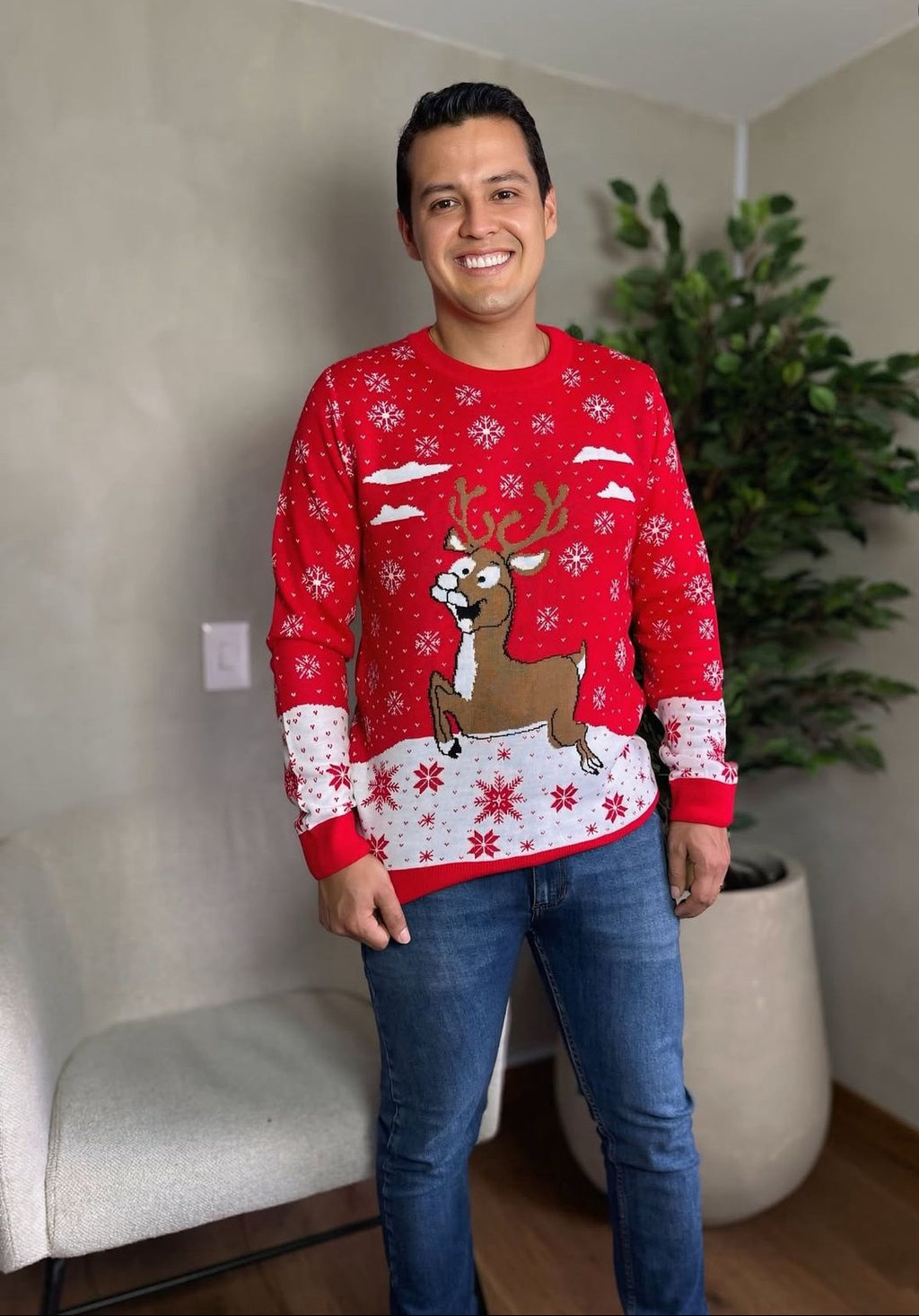 Saco Navideño Tejido Rojo y Blanco Diseño Reno | Soulan Store
