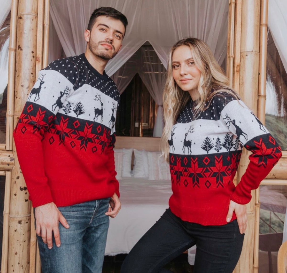 Saco Navideño Tejido Azul, Blanco y Rojo Diseño Clásico Tricolor | Soulan Store