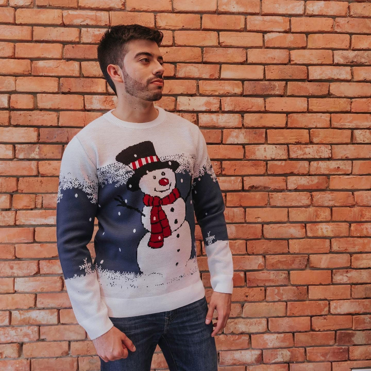 Saco Navideño Blanco y Azul Grisaceo Diseño Muñeco de Nieve Elegante | Soulan Store
